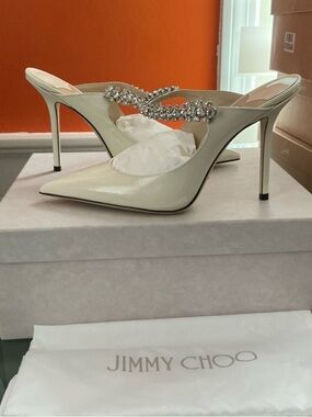 Jimmy Choo Ivory Patent Crystal-Embellished Pointed Mule